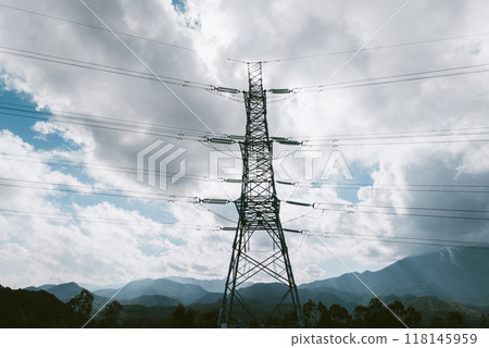 Aerial view of electricity tower on mountain Aerial view of electricity tower on mountain 118145959