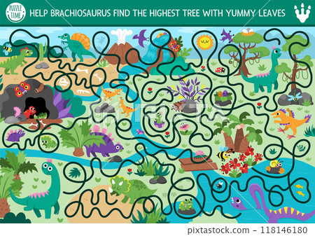 Dinosaur maze for kids with cute animals and ancient world landscape. Prehistoric preschool printable activity. Dino land labyrinth game, puzzle. Help brachiosaurus find tree with yummy leaves 118146180
