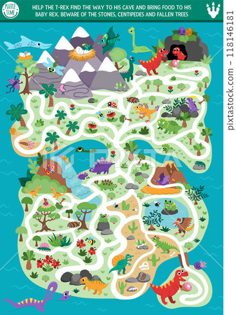 Dinosaur maze for kids with cute animals and ancient world landscape or map. Prehistoric preschool printable activity. Dino land labyrinth game, puzzle. Help T-rex bring food to his baby 118146181