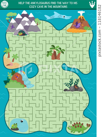 Dinosaur maze for kids with cute animals and ancient world landscape. Prehistoric preschool printable activity. Dino land geometric labyrinth game, puzzle. Help ankylosaur find way to his cave 118146182