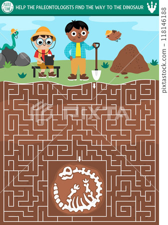 Dinosaur maze for kids with cute paleontologists. Prehistoric preschool printable activity with boys on a dig. Dino land geometric labyrinth game with soil, ground, archaeologists, fossils, skeleton 118146188