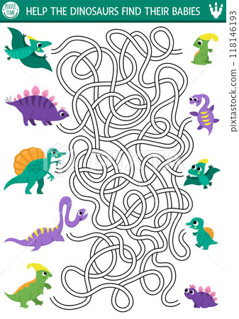 Dinosaur maze for kids with cute animals and their babies. Simple prehistoric preschool printable activity. Dino land labyrinth game, puzzle with stegosaur, pterosaur and their children 118146193