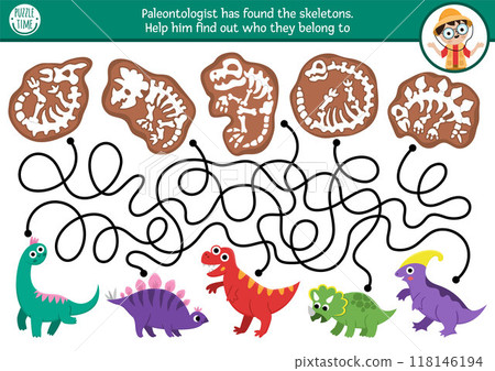 Dinosaur maze for kids with cute animals and their skeletons. Simple prehistoric preschool printable activity. Dino land labyrinth game, puzzle with paleontologist, T-rex, stegosaur, triceratops 118146194