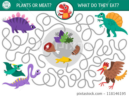 Dinosaur maze for kids with cute animals. Prehistoric preschool printable activity with stegosaur, pterosaur, archaeopteryx and food they eat. Dino land labyrinth game, puzzle Dinosaur maze for kids with cute animals. Prehistoric preschool printable activity with stegosaur, pterosaur, archaeopteryx and food they eat. Dino land labyrinth game, puzzle 118146195