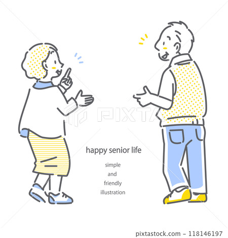 一對微笑的老年夫婦的後視圖 — 簡單而時尚的線條畫插圖 118146197