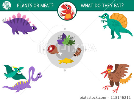 Dinosaur matching activity with cute animals and food they eat. Prehistoric puzzle with pterosaur, stegosaur. Match up game or printable worksheet with carnivorous and herbivorous dinos 118146211