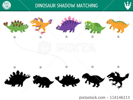 Dinosaur shadow matching activity with animals. Prehistoric puzzle with cute stegosaur, triceratops, ankylosaur. Find correct silhouette printable worksheet or game. Dino land page for kids 118146213
