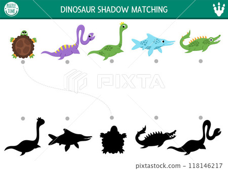 Dinosaur shadow matching activity with water animals. Prehistoric puzzle with cute plesiosaur, Ichthyosaur. Find correct silhouette printable worksheet or game. Dino land page for kids Dinosaur shadow matching activity with water animals. Prehistoric puzzle with cute plesiosaur, Ichthyosaur. Find correct silhouette printable worksheet or game. Dino land page for kids 118146217