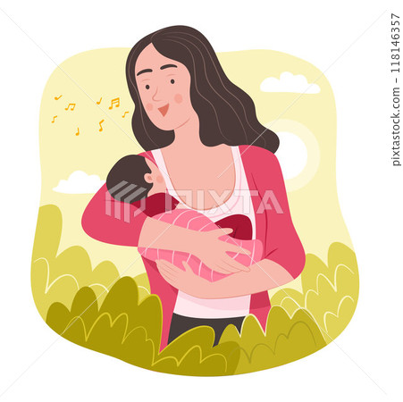 Mother Singing a Lullaby Song for Her Baby for Family Concept Illustration 118146357
