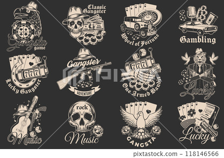 Set of gangster design. Vintage print, logo, badge design with retro car, poker playing card, casino chips, slot machines, two dice, knuckle, gun and guitar. Vector illustration. 118146566