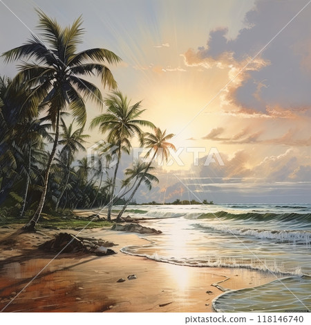 Nightfall on a tropical beach with palm trees and a setting sun over the ocean. Nightfall on a tropical beach with palm trees and a setting sun over the ocean. 118146740