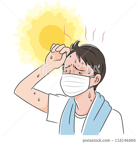 烈日下,戴著口罩的男人感覺很熱 烈日下,戴著口罩的男人感覺很熱 118146860