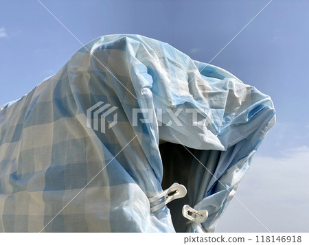 A checkered futon hanging out to dry and the blue sky A checkered futon hanging out to dry and the blue sky 118146918