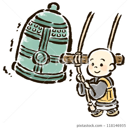 Hand-drawn illustration of a child monk ringing the bell on New Year's Eve 118146935