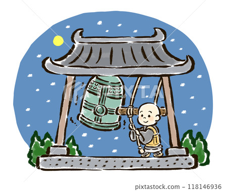 Hand-drawn illustration of a young monk ringing the bell on New Year's Eve with background 118146936