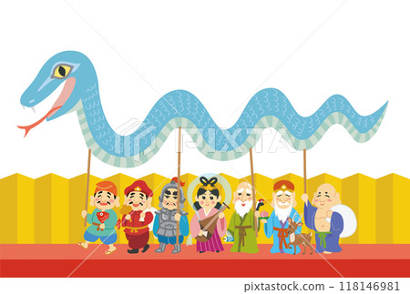 New Year's card illustration material: Year of the Snake, Seven Lucky Gods, Gold Folding Screen 118146981
