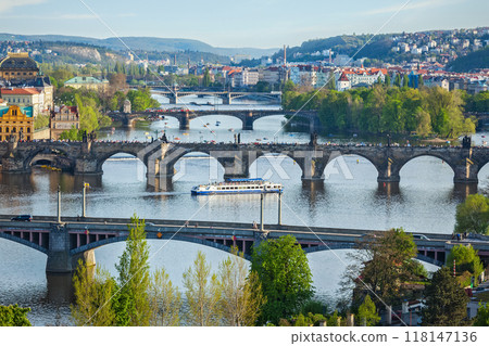 Panoramic view of Prague bridges over Vltava river Panoramic view of Prague bridges over Vltava river 118147136