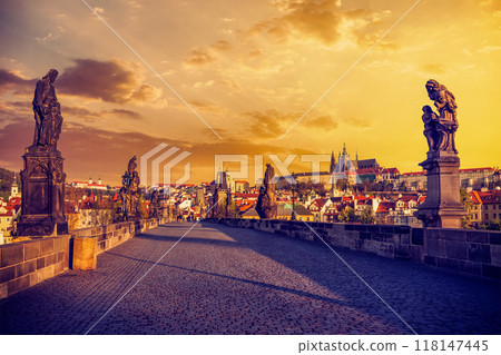 Charles bridge and Prague castle in the morning Charles bridge and Prague castle in the morning 118147445