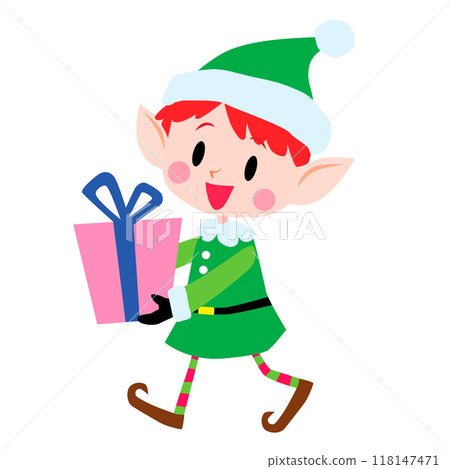 Elf boy wearing green clothes holding a gift 118147471