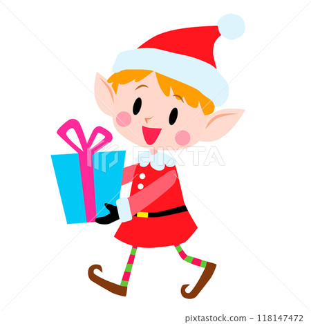 Illustration of an elf wearing red clothes holding a Christmas gift 118147472