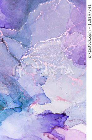 Delicate abstract watercolor artwork featuring shades of purple and blue with hints of gold accents in a serene composition Delicate abstract watercolor artwork featuring shades of purple and blue with hints of gold accents in a serene composition 118147841