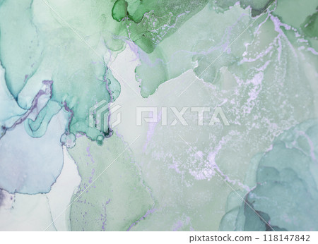 Delicate green and gray abstract watercolor pattern showcasing organic shapes and soft blending across the canvas Delicate green and gray abstract watercolor pattern showcasing organic shapes and soft blending across the canvas 118147842