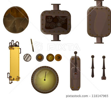 蒸氣龐克風格的螺栓、儀器、齒輪架、槓桿、幻想世界材料 118147965