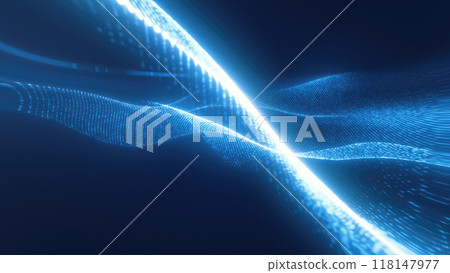 Blue glowing energy waves from small particles and lines abstract background Blue glowing energy waves from small particles and lines abstract background 118147977
