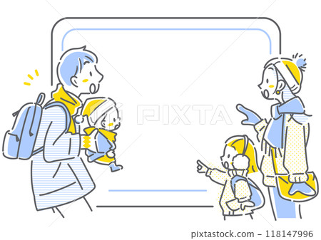 A family of four on a trip surprised by great deals - simple and stylish line drawing illustration 118147996
