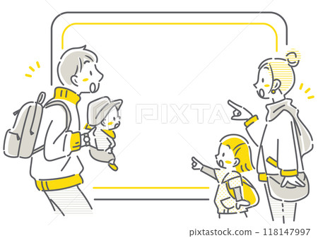 A family of four on a trip surprised by great deals - simple and stylish line drawing illustration 118147997