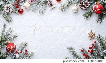 Merry Christmas and happy New Year background - Festive Christmas Decorations on Snow with Red and White Ornaments_8 118148085