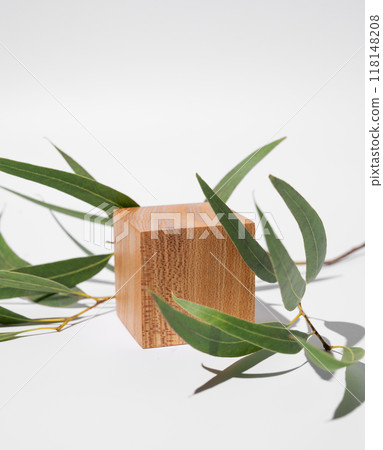 Empty wooden cube with shadows and green leaves on a white background. 118148208