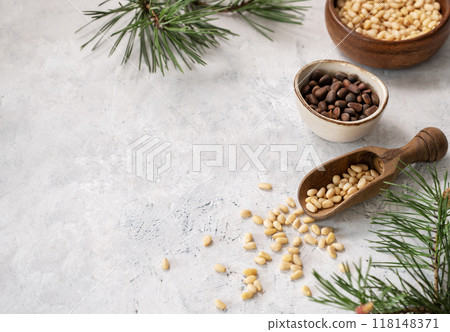 Flat lay of pine nuts in a bowl and wooden scoop on a light texture background with branches  118148371