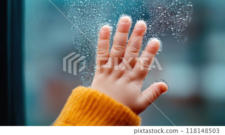 A child's hand reaching out to touch a window covered in water, AI 118148503