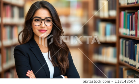A woman in glasses standing next to a library shelf, AI 118148504