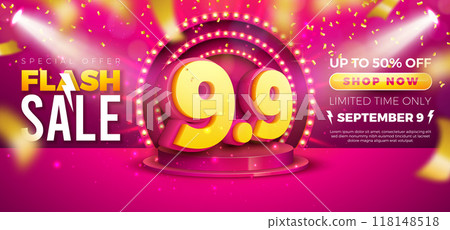 9 September Shopping Day Flash Sale Design with 3d 9.9 Number and Stage Podium on Red Background. Vector Special Offer 50 Percent Off Campaign Discount Illustration for Coupon, Voucher, Banner, Flyer 118148518