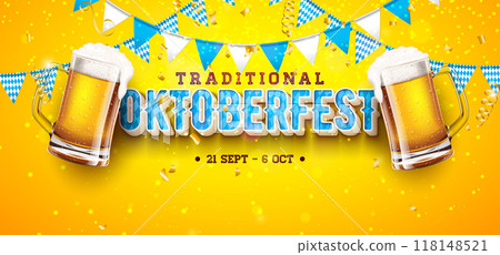 Oktoberfest Beer Festival Banner Illustration with Fresh Lager Beer in the Mug, Bavaria Party Flag Garland and 3d Typography Lettering on Yellow Background. Vector Traditional German Celebration Flyer 118148521