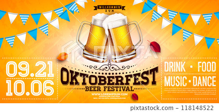 Oktoberfest Party Banner Illustration with Fresh Lager Beer and Blue and White Bavaria Party Flag on Yellow Background. Vector Celebration Flyer Template for Traditional German Beer Festival. 118148522