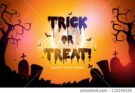 Happy Halloween Vector Illustration with Moon, Crow, Flying Bats, Spider and Typography Lettering on Orange Cemetery Background. Holiday Design for Banner, Greeting Card, Celebration Poster, Party 118148526