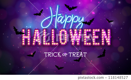 Halloween Sale Banner Illustration with Moon and Light Bulb Lettering on Blue Night Sky Background. Vector Holiday Design Template with Cemetery and Typography Lettering for Offer, Coupon, Celebration 118148527