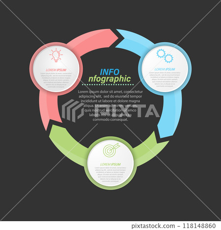 3 stages of development, improvement or training. Infographics with visual action icons for business, finance, project, plan or marketing. Flat vector style 118148860