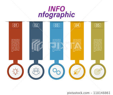 5 stages of development, improvement or training. Infographics with visual action icons for business, finance, project, plan or marketing. Flat vector style 118148861