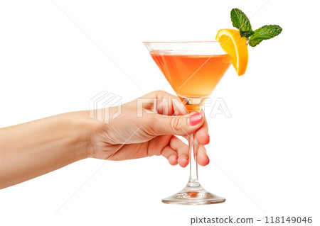 Cocktail in hand isolated on white or transparent background. Cocktail in woman's hand with orange and mint close-up. 118149046