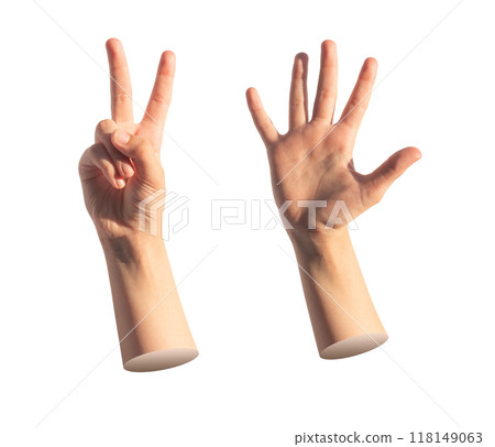 Childs hand counting two and five with little fingers isolated. Gestures for quantity, white 118149063