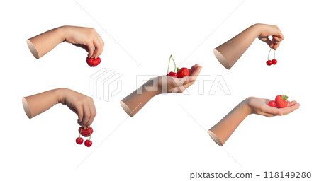 Kids hand holding sweet summer berries, red cherry and strawberry isolated on white background, set 118149280