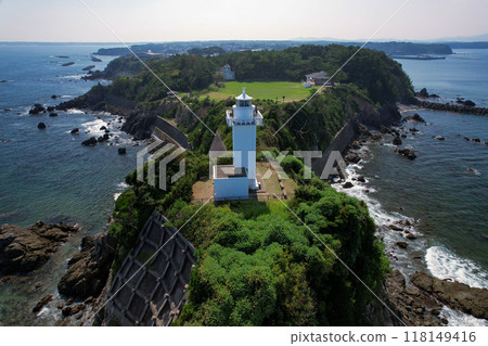 Cape Anori with its square lighthouse (aerial shot by drone) Cape Anori with its square lighthouse (aerial shot by drone) 118149416