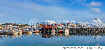 Fishing boats and yachts on pier in Norway Fishing boats and yachts on pier in Norway 118149457