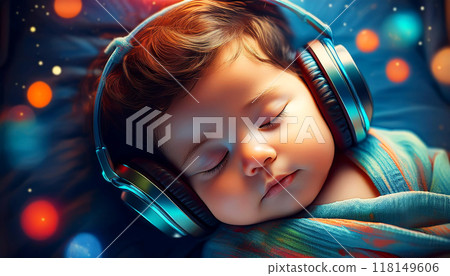 A Cute Newborn Baby Sleeping in Headphones Listening to Relaxing Music - Generative Ai 118149606
