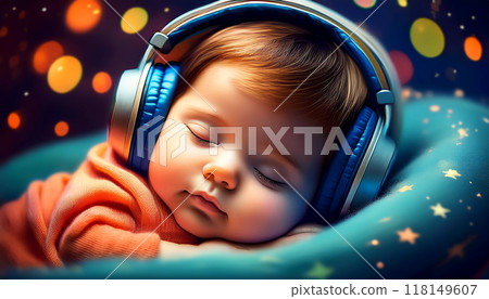 A Cute Newborn Baby Sleeping in Headphones Listening to Relaxing Music - Generative Ai 118149607