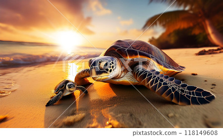 Adult and Newborn Sea Turtle on a Sandy Beach of a Tropical Island - Generative Ai 118149608